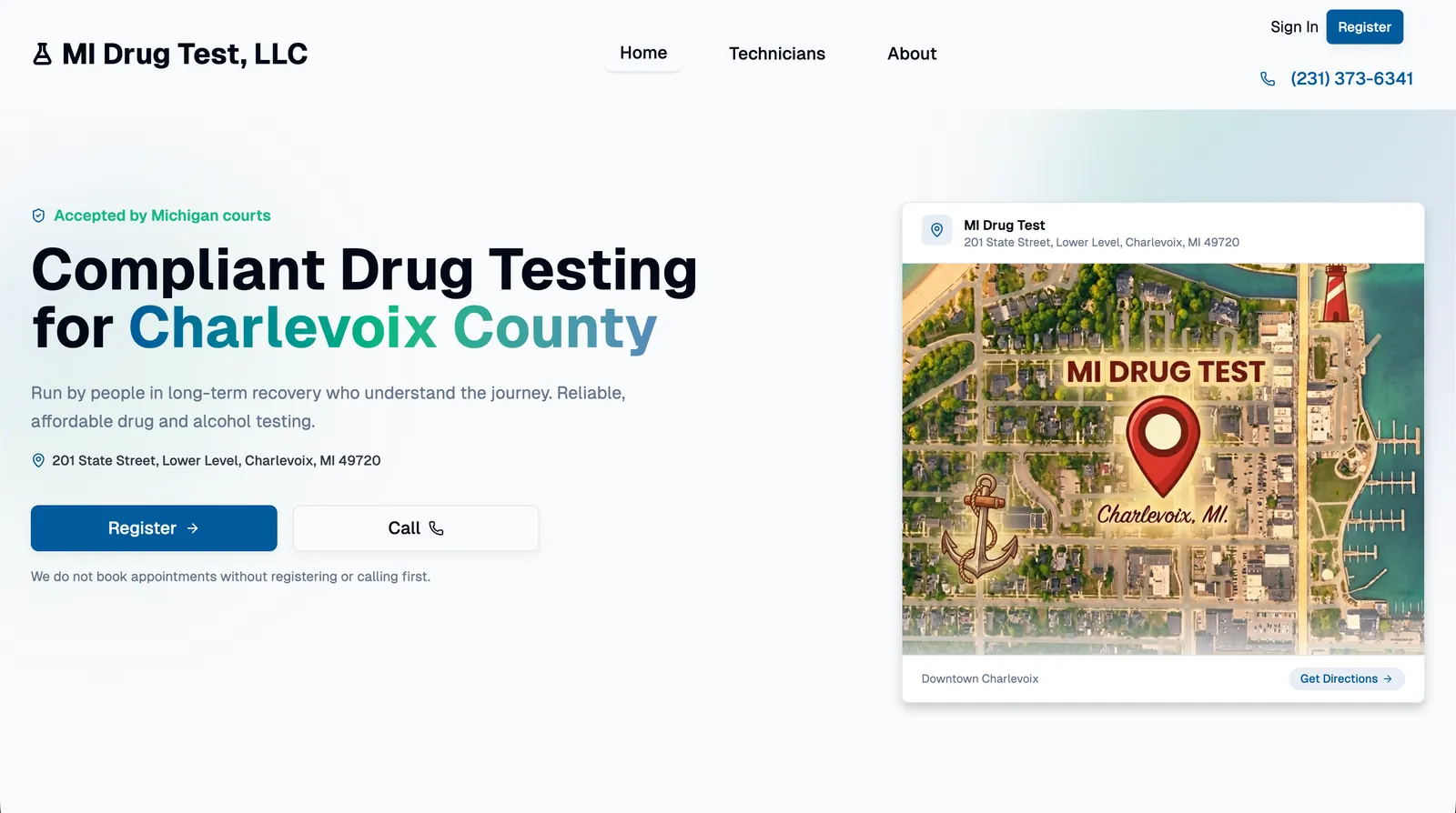 MI Drug Test website with drug testing services and Charlevoix location information